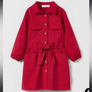 Zara Girls Red Cotton Long Sleeve Belted Shirt Dress - {11/12}